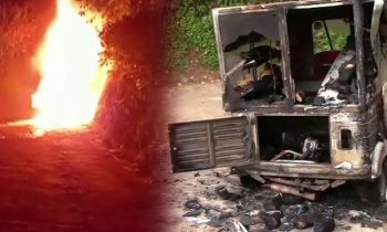 பேக்கரி உணவுப் பொருட்களுடன்  தீப்பற்றி எரிந்த முச்சக்கர வண்டி.